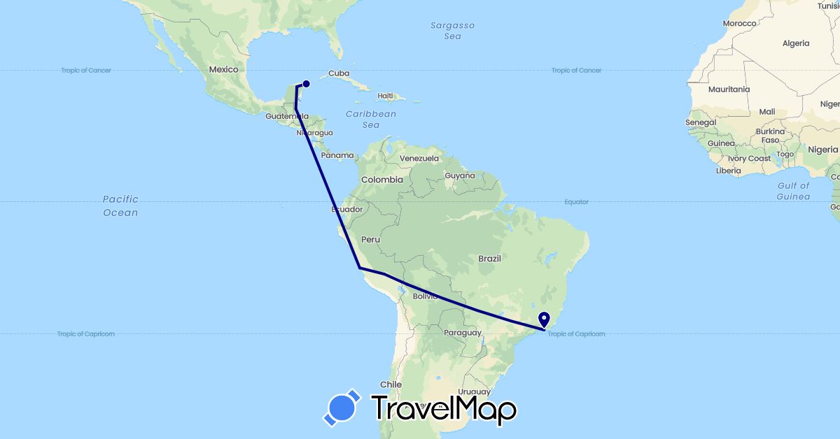 TravelMap itinerary: driving in Bolivia, Brazil, Belize, Mexico, Peru (North America, South America)